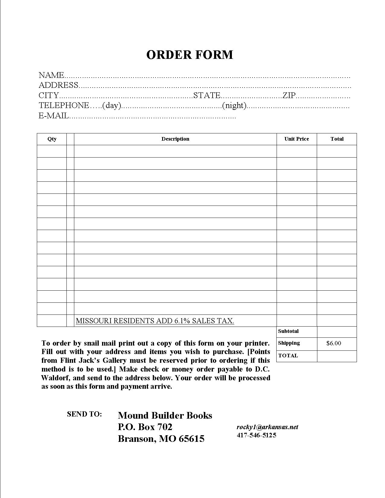 Printable Order Form : D. C. Waldorf Flintknapping Web Site, Home of ...